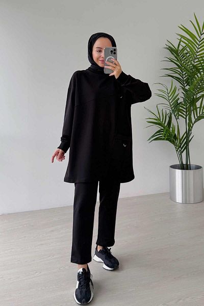 Ka Hijab Crew Neck Single Pocket Two Thread Hijab Set of 2 - Black