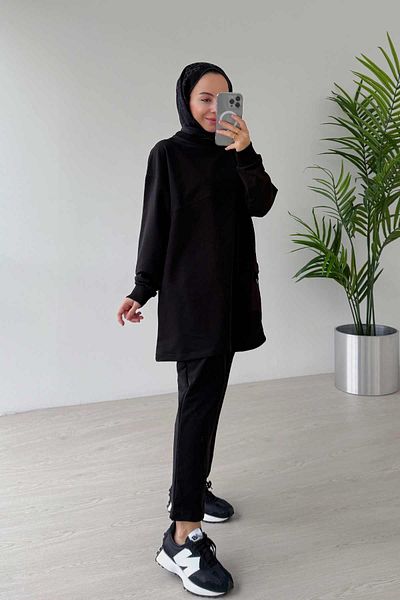 Ka Hijab Crew Neck Single Pocket Two Thread Hijab Set of 2 - Black
