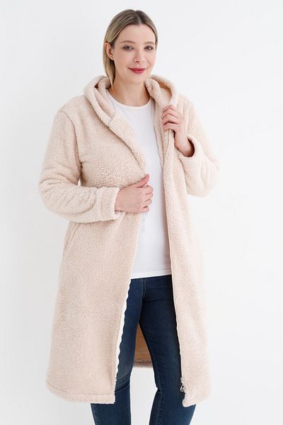İntensive Women's Plus Size Long-Sleeved Pocket Hooded Plush Long Cardigan
