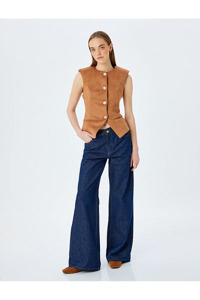 Koton Buttoned Fleto Pocket Crew Neck Slim Fit Vest