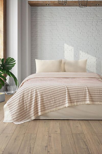 Denizli Concept Claret Red Striped Loom Pique - 100% Cotton Soft Bedspread - Multi-Purpose Model