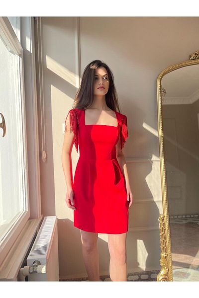 Biçanta Sleeve Sequin Detail Square Neck Mini Evening Dress Wedding Engagement Graduation