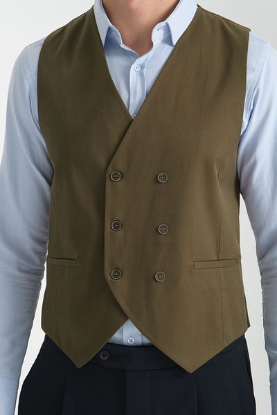 Frappoli Khaki Double Breasted V-Neck Plain Vest Slim Fit
