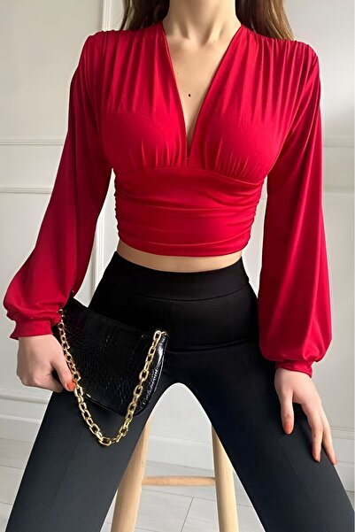 SiaLess Lingerie Women's Red V-Neck Gathered Balloon Sleeve Blouse
