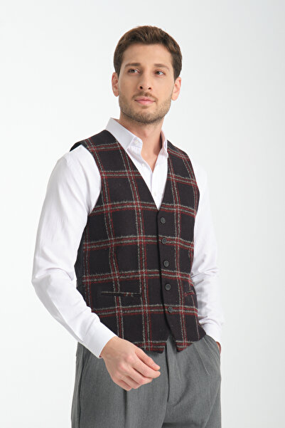 Frappoli Plaid Patterned V-Neck Vest Slim Fit