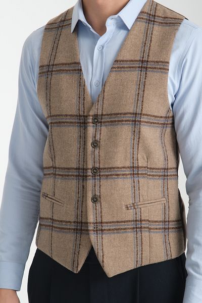 Frappoli Plaid Patterned V-Neck Vest Slim Fit
