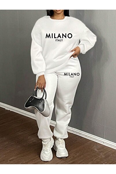 OVER HEAD Γυναικείο λευκό μπλουζάκι MİLANO ITALY Bas με τύπωμα με λαιμόκοψη ποδηλατικού τύπου Jogger Κοστούμι επάνω και κάτω