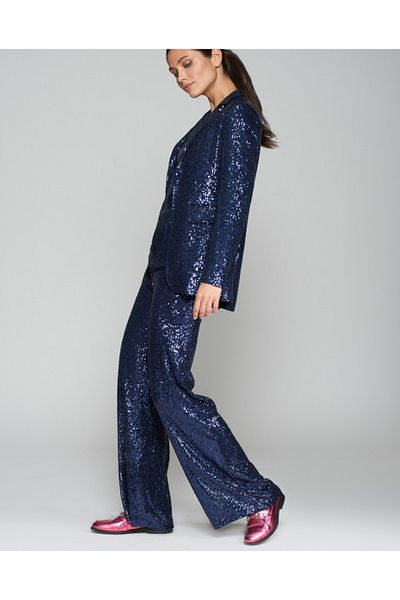 AYSİ COLLECTİON Elastic Waist and Sequined Design Loose Trousers Navy Blue
