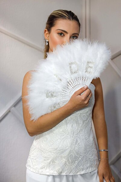 Turkuaz Gelin Yelpaze Beyaz Nikah Düğün Dış Çekim Yelpazesi Bride Yazılı