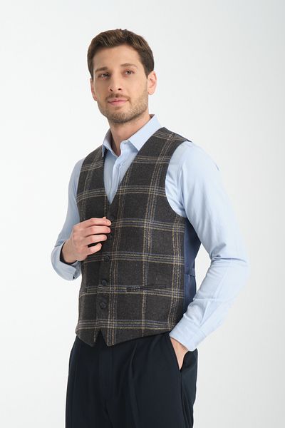 Frappoli Plaid Patterned V-Neck Vest Slim Fit