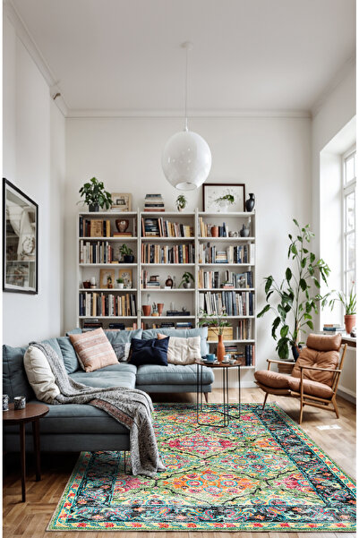 BigArts Home Yeşil Soft Pastel Vintage Desenli Salon Halısı, Dokuma Taban Dekoratif Şönil Halı