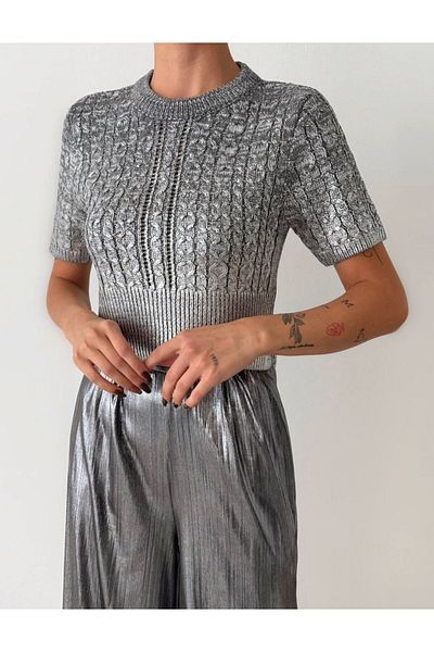 OYERGA MODA Women's Short Sleeve Shiny Sweater