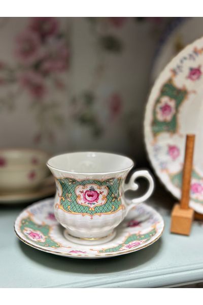 Bavaria Antique German Porcelain Bavaria with Green Flowers and Pink Roses - Double Coffee Size Cup Trio