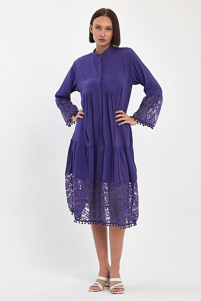 Denismoda Rochie midi pentru femei, cu mâneci și tiv, cu guler de judecător, cu detaliu din dantelă