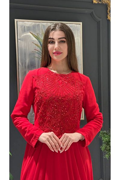 THREE'S Hijab Evening Dress with Chest and Back Applique Detail 530-Red
