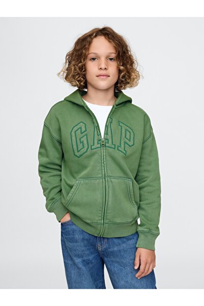 GAP Erkek Çocuk Yeşil Gap Logo Vintage Soft Fermuarlı Sweatshirt