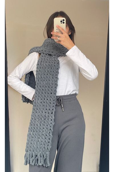 Alize Puffy Eșarfă umflată tricotată manual Twist Model - Gri închis