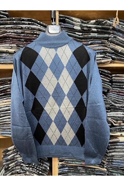 nacar çarşı Erkek Baba İndigo Mavi Desenli İnce Yarım Balıkçı Boğazlı Triko Kazak