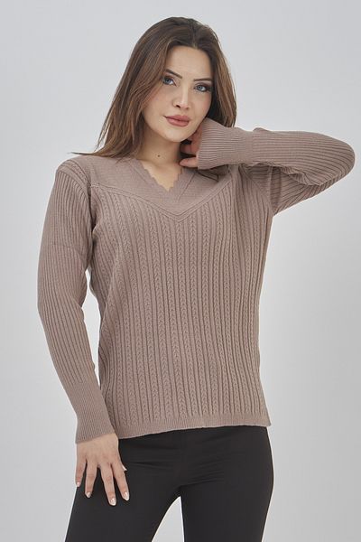 Elçelya Moda Дамски трикотаж, бежов, с V-образно деколте, зимен, гъвкав пуловер за майки