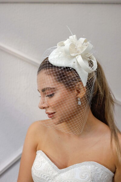 Turkuaz Gelin Kep/Gelin Vualet/ Düğün Nikah Beyaz İnci Tül Şapka