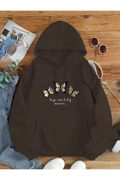 caddekombin 3 Butterfly Patterned 2 Thread Ribbed Hooded Pocket Cotton Sweatshirt