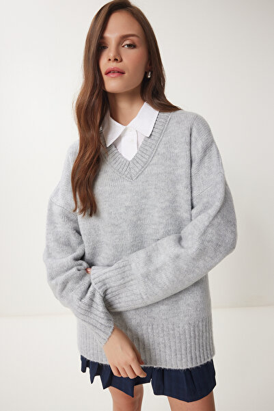 Lovelyİstanbul Pulover oversize din tricotaje moi - GRI LPF0094