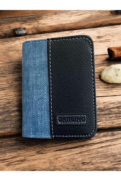 Sarhans Store Carlino Men's Upright Stripe Vinex Denim Wallet with 18 Card Compartments Double Paper Coin Compartments