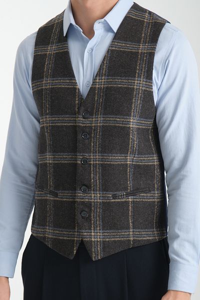 Frappoli Plaid Patterned V-Neck Vest Slim Fit