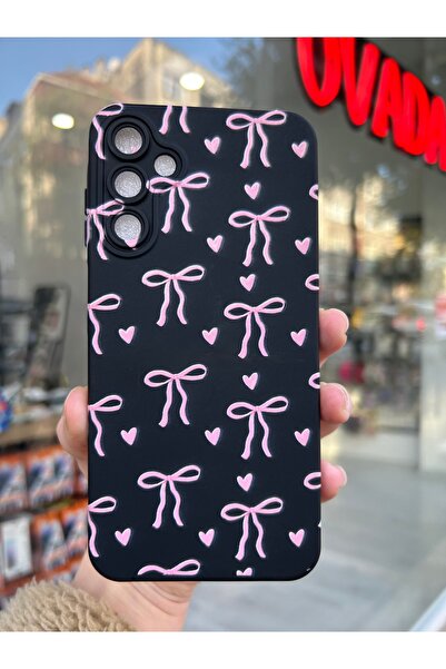 OVADA Samsung Galaxy A25 Uyumlu Kalp ve Kurdele Desenli İçi Kadife Silikon Kılıf