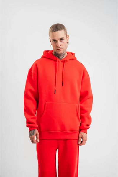 modaserdem Hanorac roșu unisex dublu oversize cu glugă
