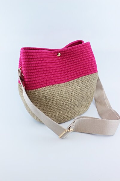 İLKYAZ Жіноча сумка через плече з застібкою-кнопкою, з фушевого плетіння, 26x21x11 см (бежева, з ремінцем через плече)