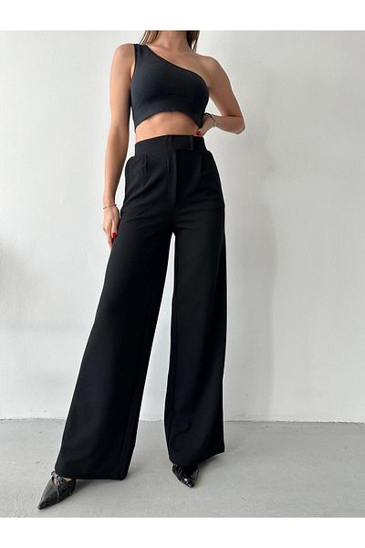 ZEYNEP RANA Women's Licrated Cirt Closure Palazzo Pants Bol Legs High Waist Pants