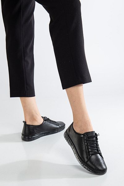 Dilimler Ayakkabı Orthopedic Genuine Leather Women's Shoes - Black Transparent Sole, Elastic Lacing