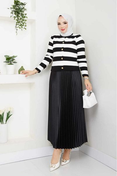 bm bessomoda fashion boutique Γυναικεία Μαύρη Πλεκτή Ζακέτα Πλισέ Φούστα