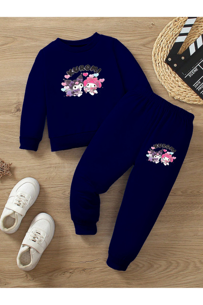 coolart Kuromi Pamuk Çocuk Takım - Lacivert Sweatshirt Jogger Baskılı Kız Erk...