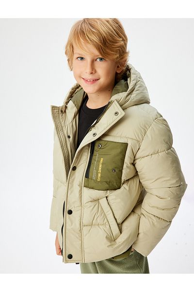 Koton Wind Cap Hooded Puffer Jacket - Ce Detailed Applique