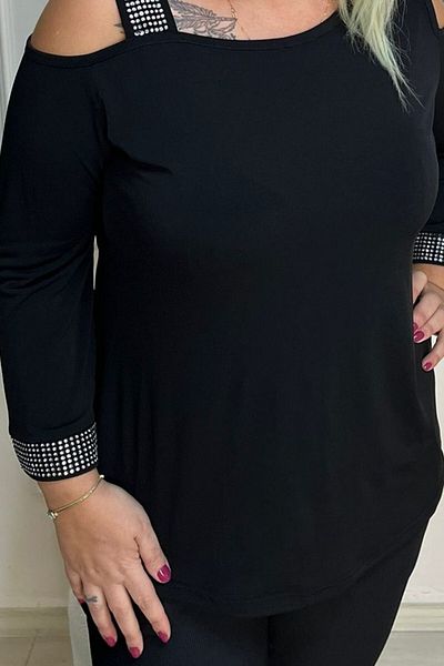 sinemisxxl Lycra Plus Size Black Blouse with Shoulder and Sleeves in Stones