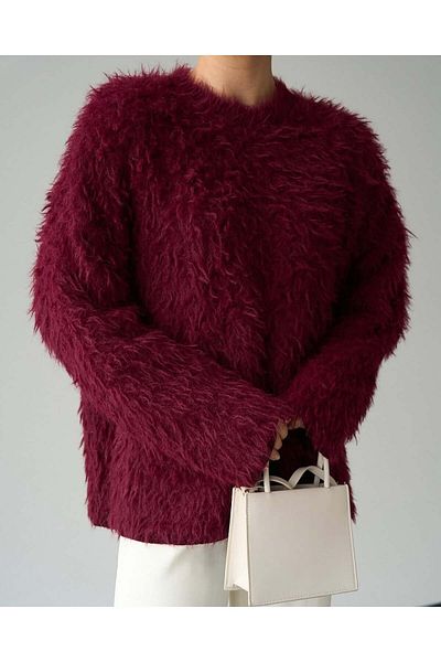 Cistern İstanbul Women's Burgundy Crew Neck Plush Sweater