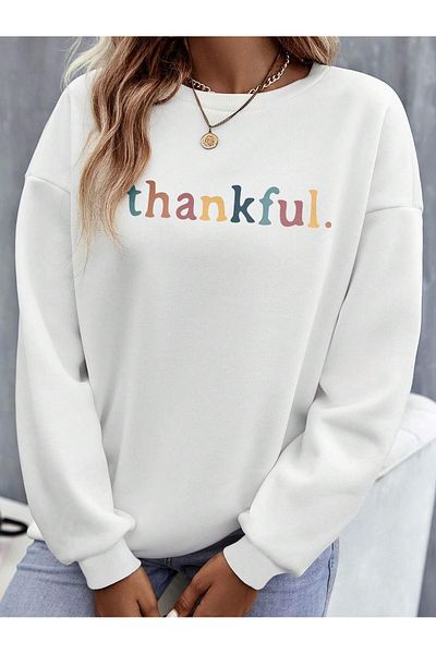 PALPİTO Hanorac oversize cu gât crew cu imprimeu alb Thankful pentru femei