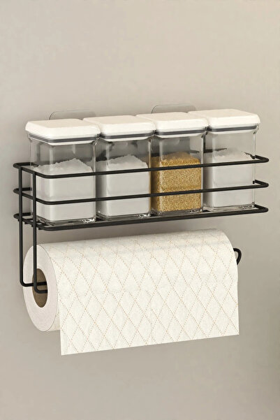 AlzinaStore "Mat Siyah Duvara Monte Mutfak Rafı - Kağıt Havluluk ve Baharatlı...