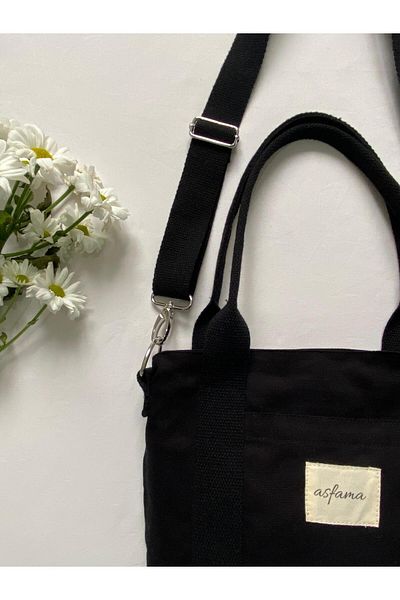 ASFAMA Small Size Black Zippered Canvas Bag Tote Bag with Shoulder Strap