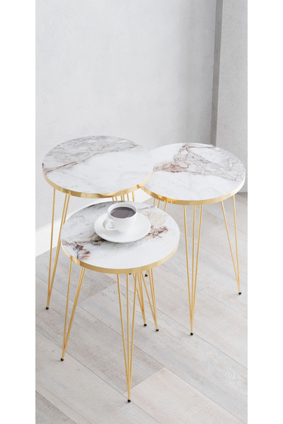 USTAELİ Zigon Sehpa, Beyaz Mermer Gold Tel Ayak, Gold Zigon Sehpa, 3lü Zigon ...