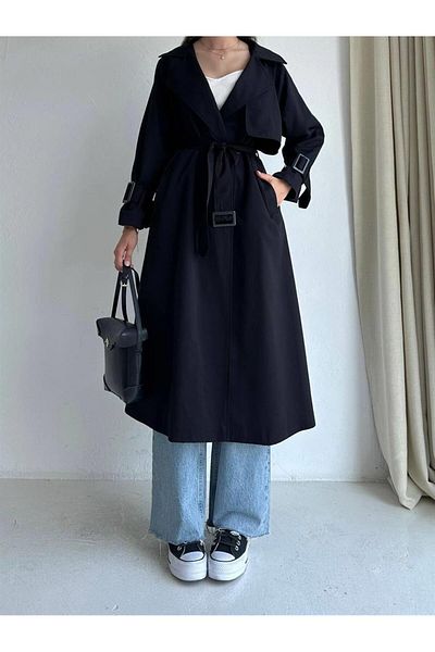 MELEK ARAZ Canvas Trench Coat with Black Cover Detail
