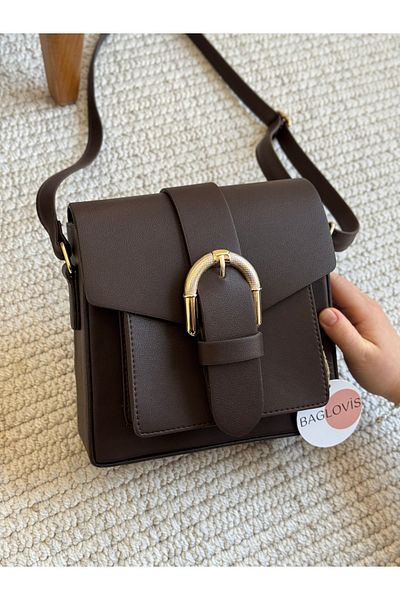 BAGLOVİS حقيبة كتف نسائية بنية اللون بإبزيم حزام عتيق