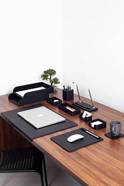 Turgut Office Roma Kenarlı Deri Sumen Takımı Siyah 11 Parça Ikili Evrak Raflı