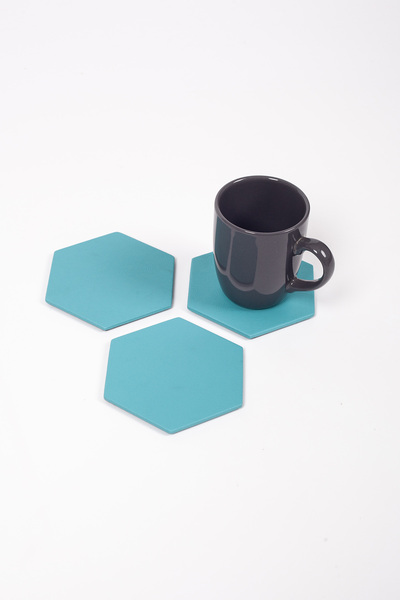 Turgut Office Turquoise Hexagonal Leather Coasters 3 Pieces