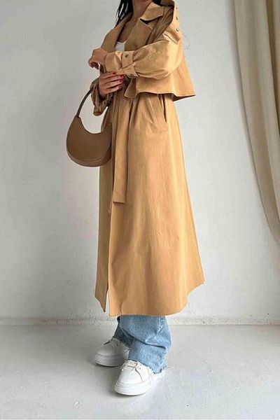 MELEK ARAZ Camel Front Clamshell Snap Detailed Trench Coat