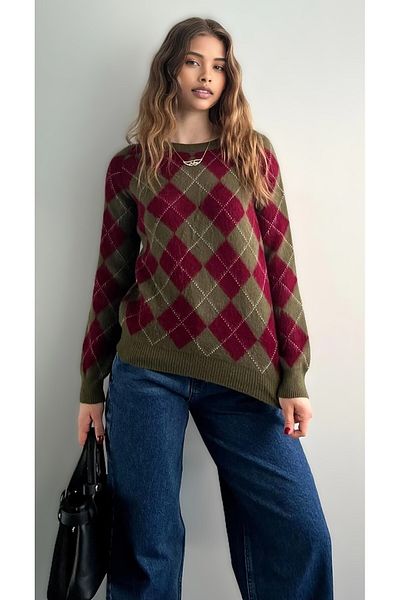 Butik La Lilyum - Plaid Diamond Patterned Soft Knitwear Sweater