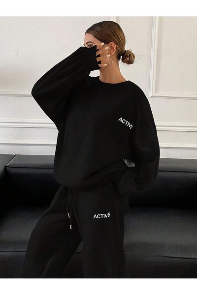 PALPİTO Γυναικείο Σετ Jogger Oversize με μαύρο ενεργό εμπριμέ λαιμόκοψη