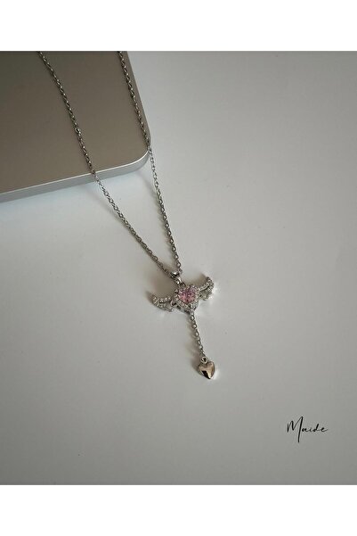 Maide Jewelry Çelik Pembe Kristal Melek Kanatlı Kalpli Gümüş Kolye Sevgiliye ...